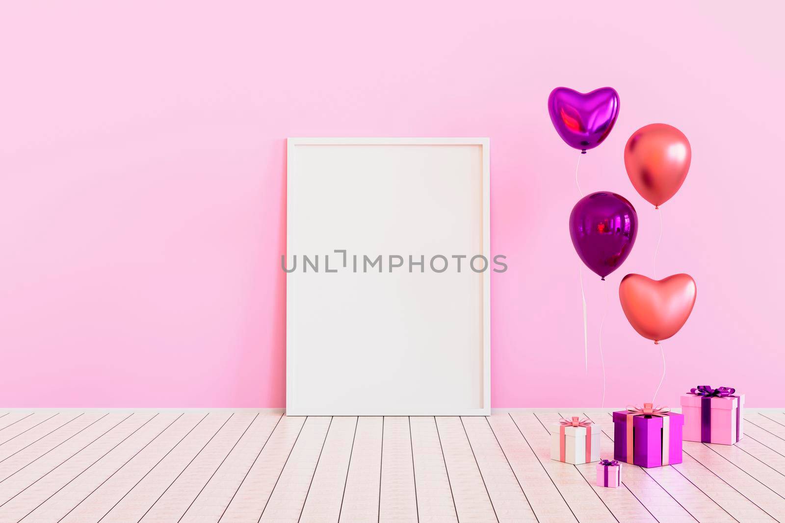 Poster mock up with pink glossy 3d realistic balloons in heart shape. Valentine's Day or wedding day romantic themes for party, events, social media or promotion banner, posters.3d render