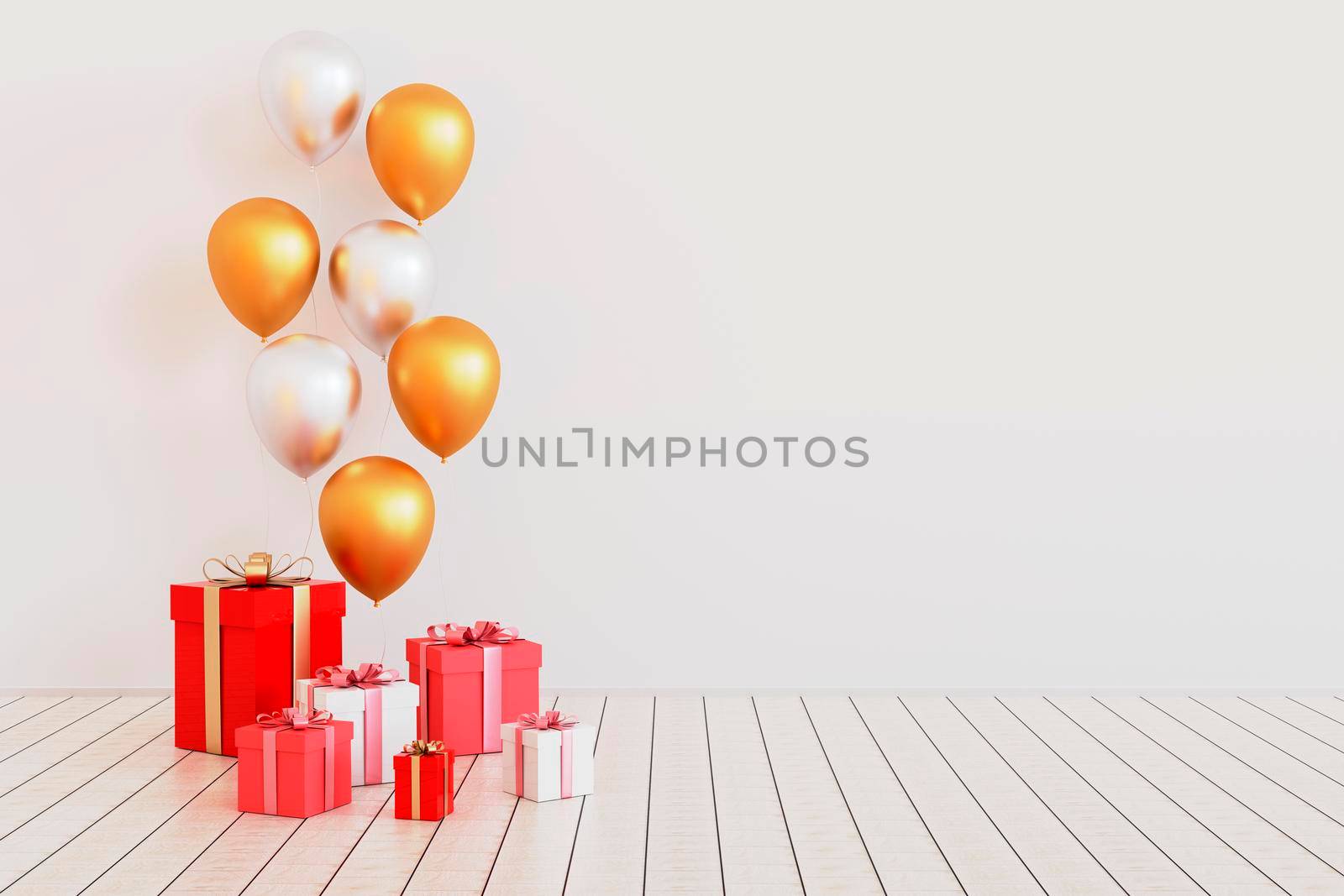 Set of silver and gold glossy realistic balloons. Valentine's Day or wedding day romantic background for party, events, presentation or promotion banner, posters.3d render