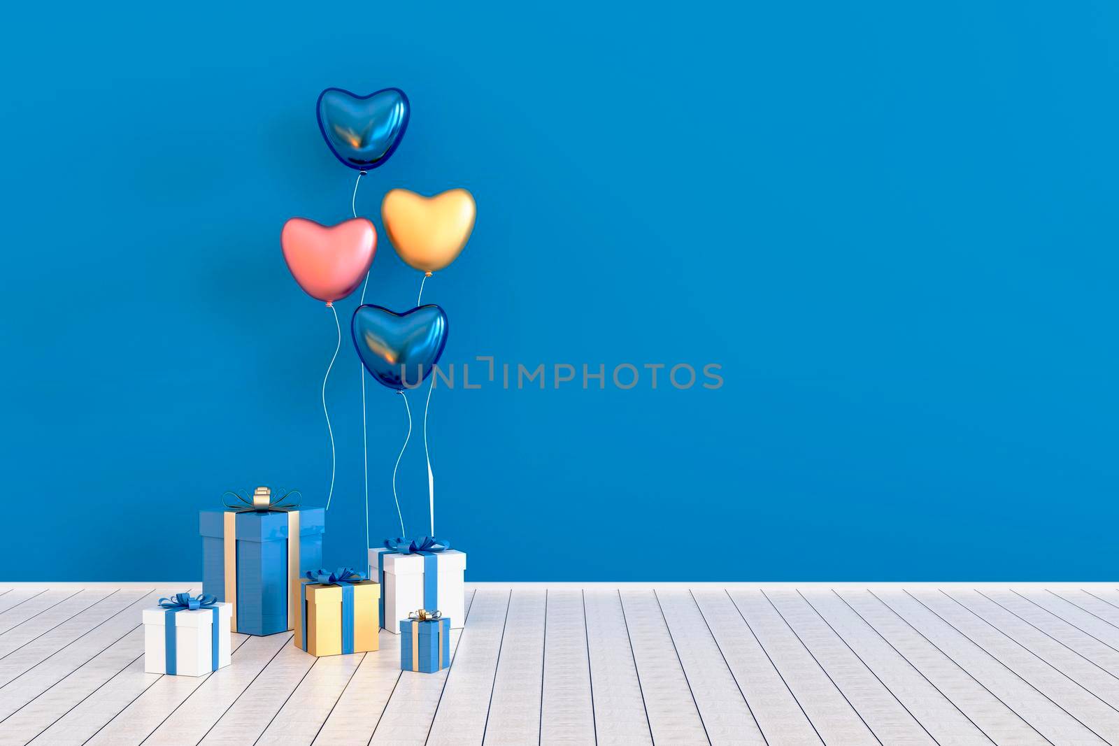 Set of glossy 3d realistic balloons and gift boxes. Valentine's Day or wedding day romantic background for party, events, presentation or promotion banner, posters. 3d render