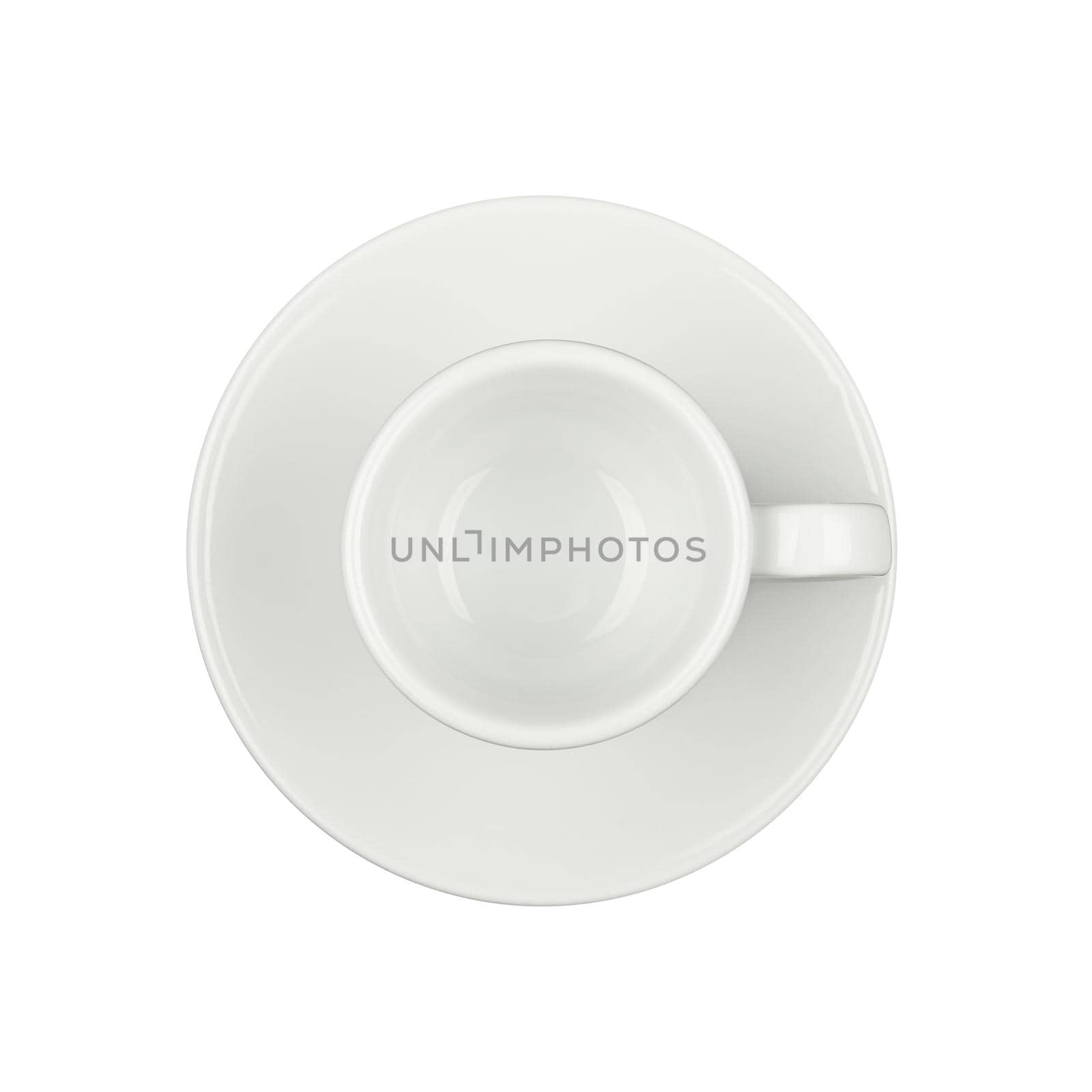 Close up one empty white espresso coffee cup on saucer isolated on white background, elevated top view, directly above