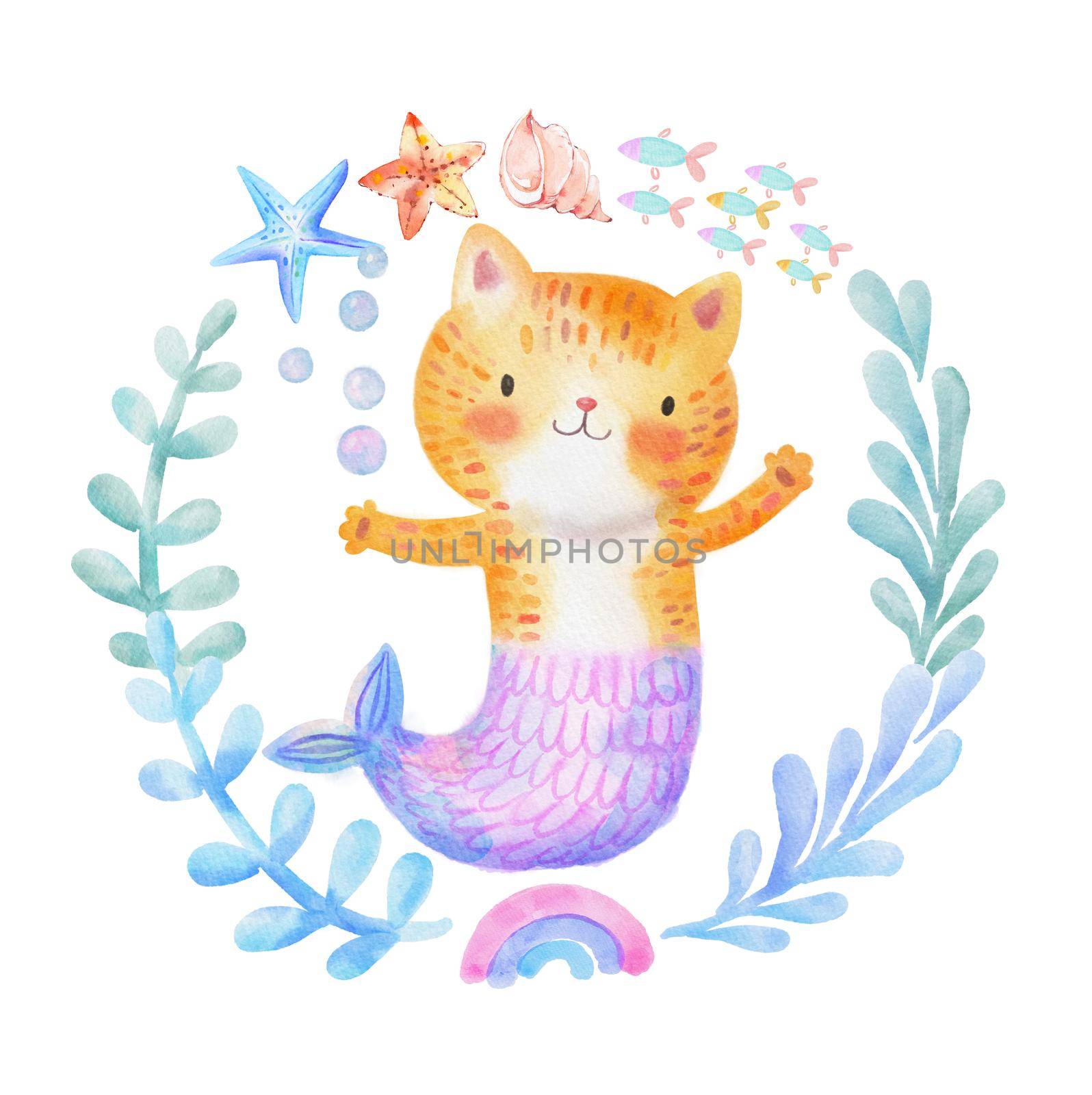 Cute Watercolor Meow-maid Purr-maid Cat Mermaid. Little Kitty Mermaid in a Kiddish Style.
