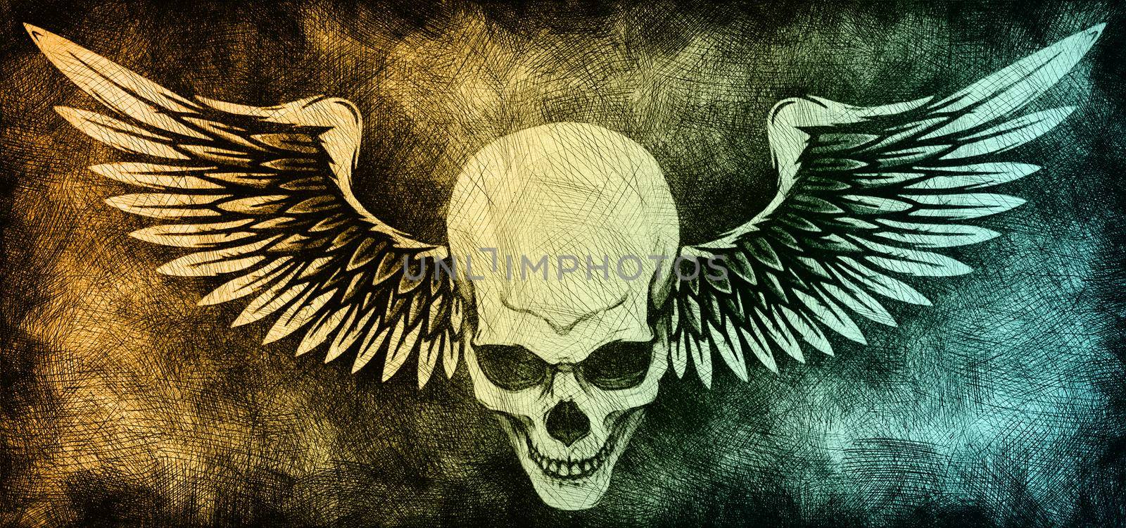 Grim reaper skull with wings drawing design by dean