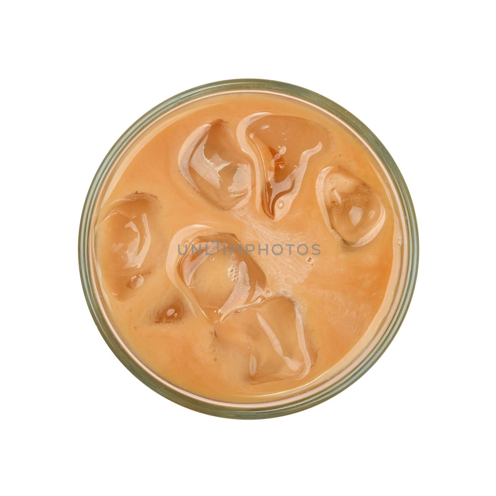 Close up one big glass of coffee with milk and ice cubes isolated on white background, elevated top view, directly above