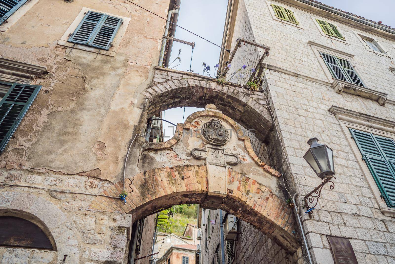 Colorful street in Old town of Kotor on a sunny day, Montenegro.