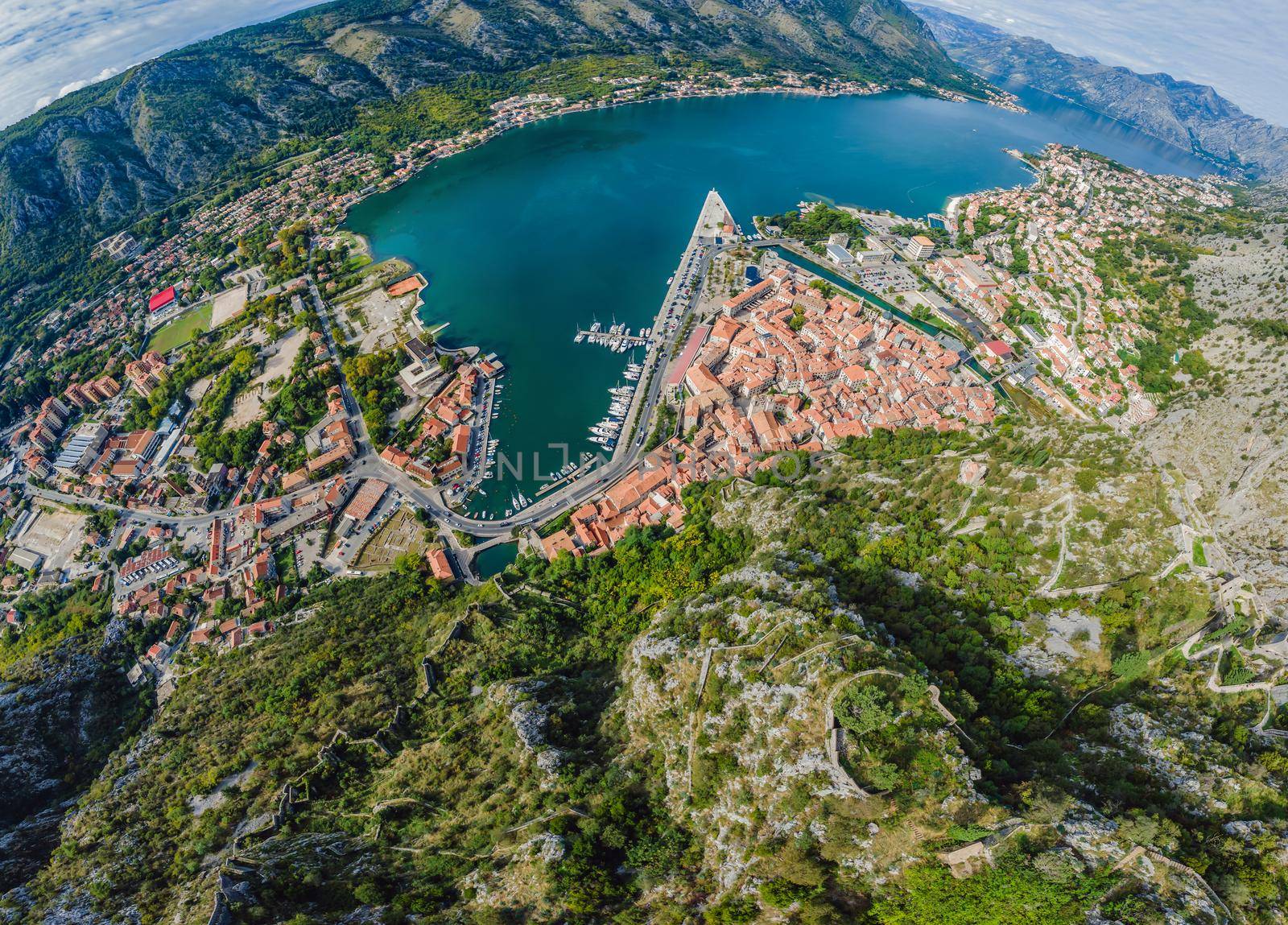 Montenegro. Bay of Kotor, Gulf of Kotor, Boka Kotorska and walled old city. Fortifications of Kotor is on UNESCO World Heritage List since 1979.