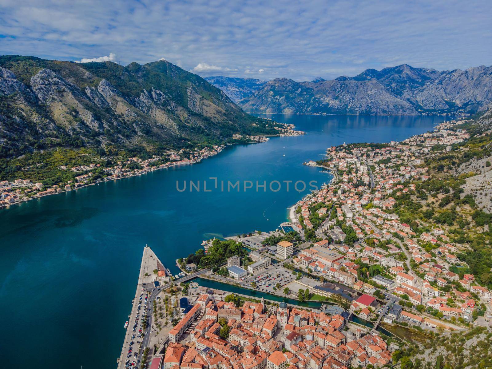 Montenegro. Bay of Kotor, Gulf of Kotor, Boka Kotorska and walled old city. Fortifications of Kotor is on UNESCO World Heritage List since 1979.