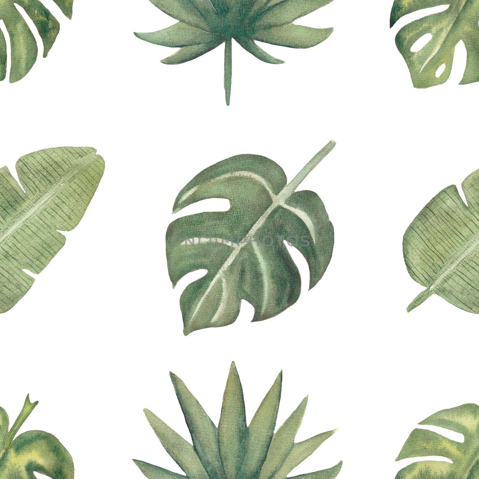 Watercolor seamless tropical leaves pattern. Foliage digital paper. Exotic floral wrapping paper.Monstera leaf, banana leaves green scrapbook paper. Hand drawn illustration. by jatmikaV