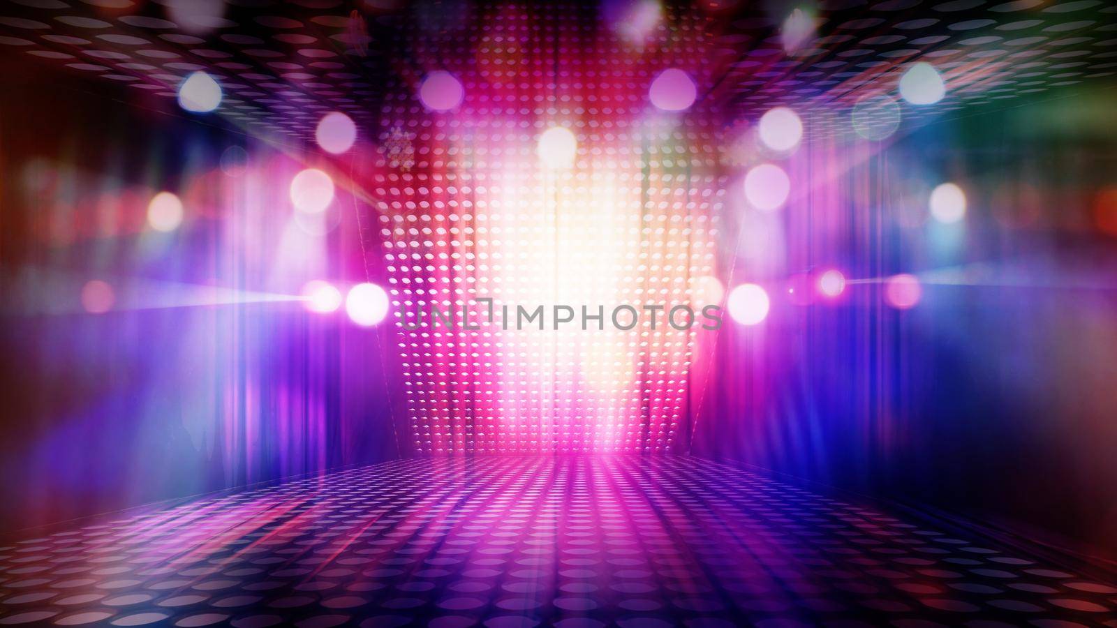 blurred empty theater stage with fun colourful spotlights, abstract image of concert lighting illumination background by jatmikaV