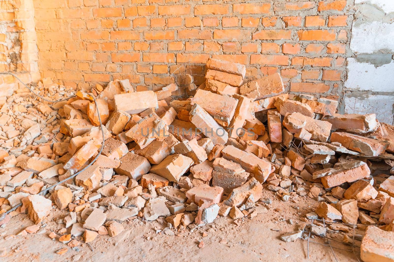 Construction debris from a dismantled brick wall. Construction industry waste