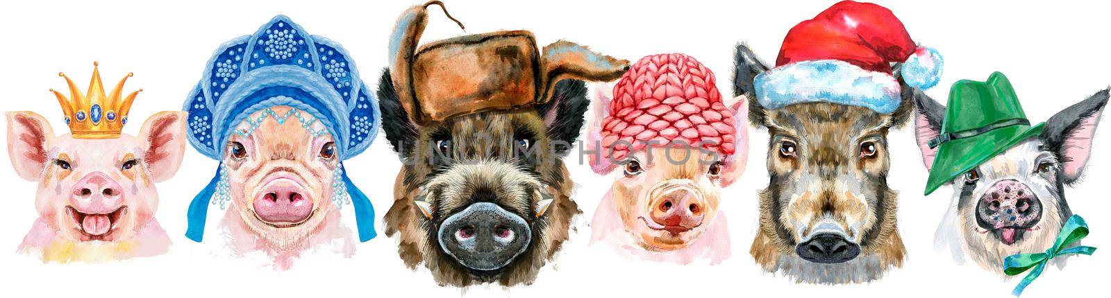 Cute border from watercolor portraits of pigs. Watercolor illustration of pigs in Santa hat, Russian kokoshnik, green hat, pink winter hat and gold crown