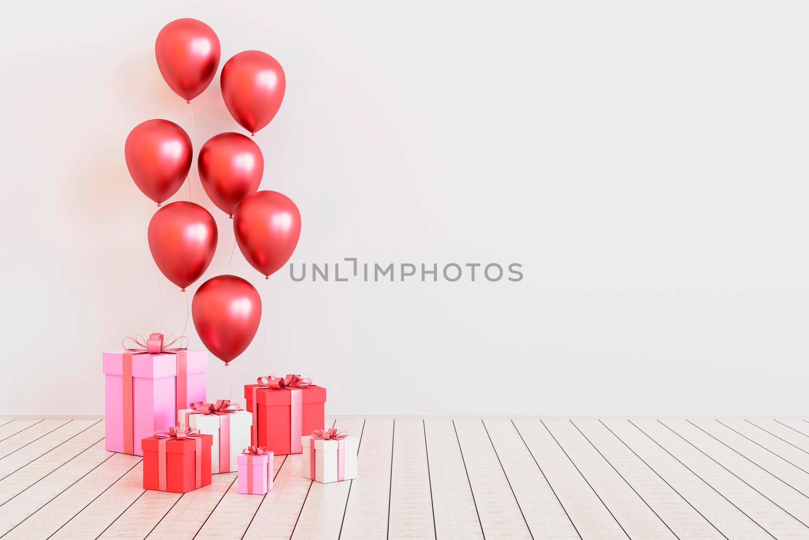 Set of red glossy balloons and gift boxes. 3d render by raferto1973