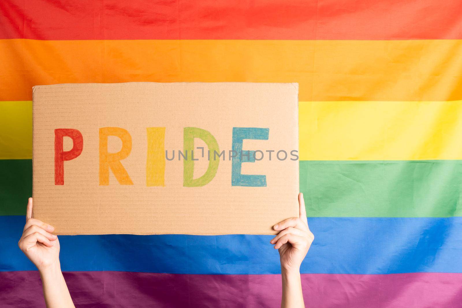 Young girl's hands holding a cardboard sign with the word pride written with the colored letters with the rainbow flag in the background