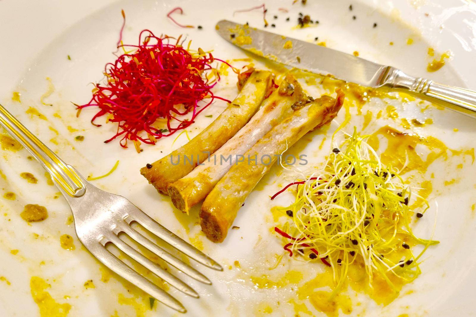 Close-up of a plate of bones after eating in a cafe