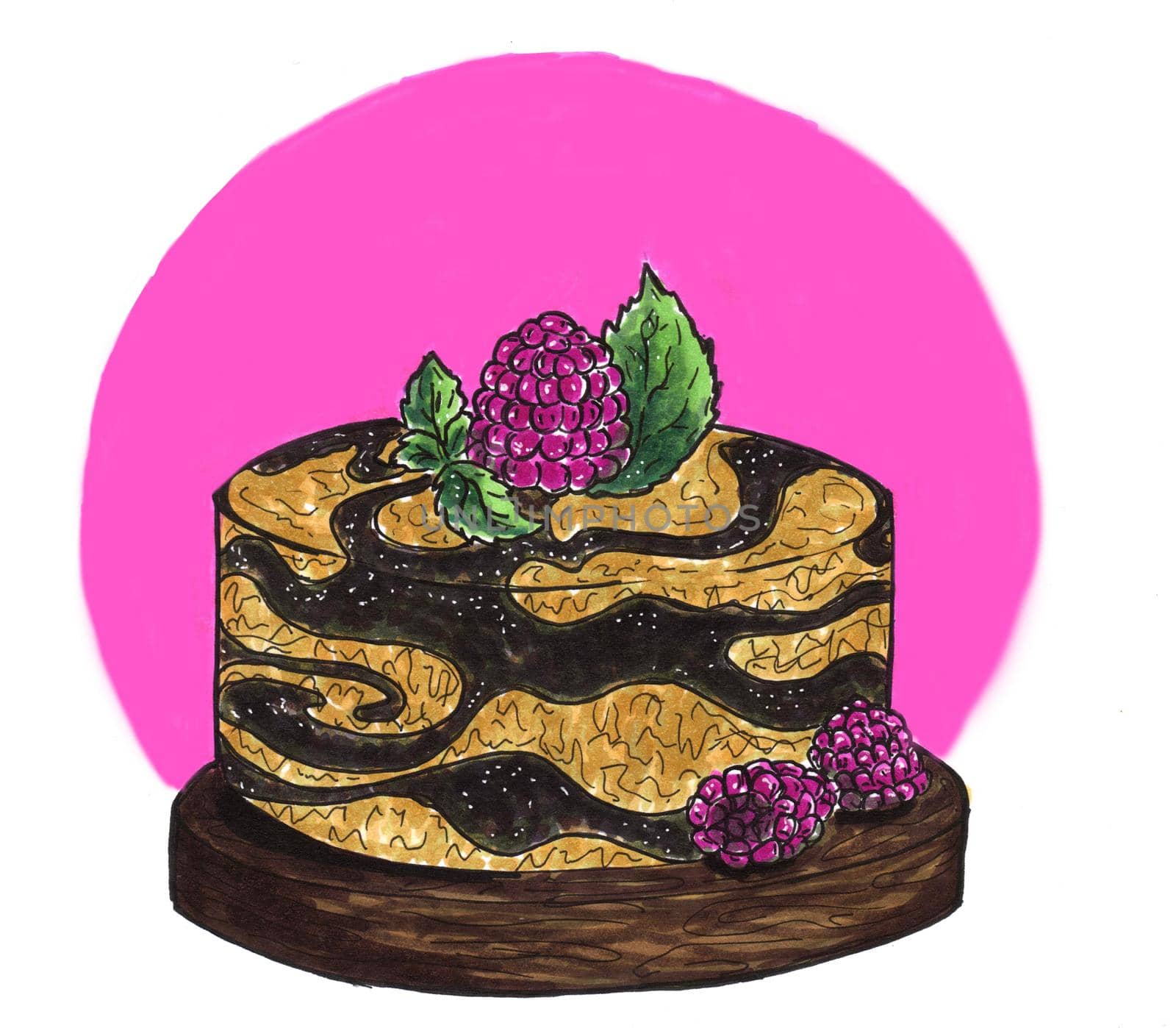 Marble cheesecake with raspberries on a wooden stand. Hand drawn cupcake. Alcohol markers