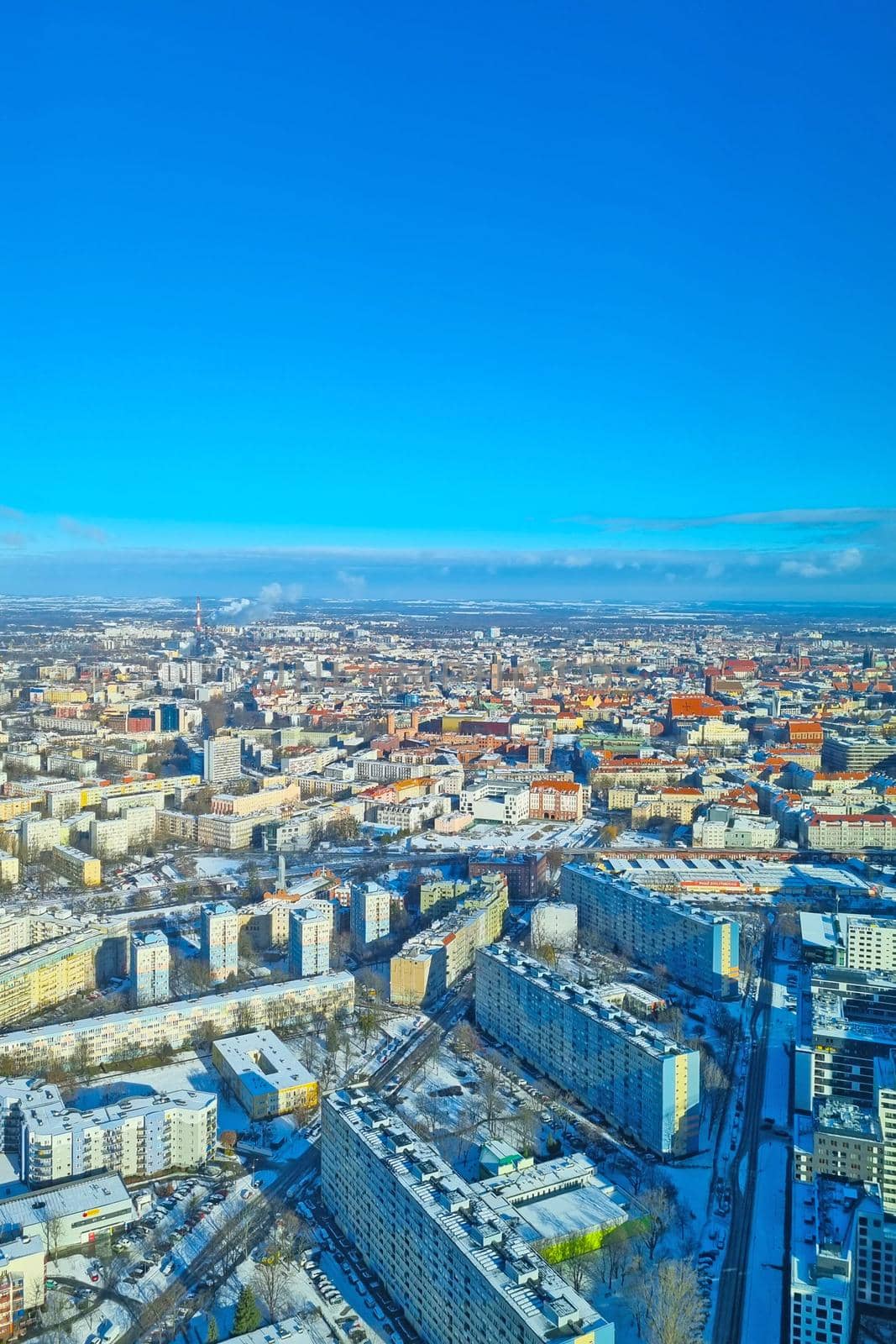 Wroclaw, Poland, December 4, 2021: view from a height of the city on a winter sunny day