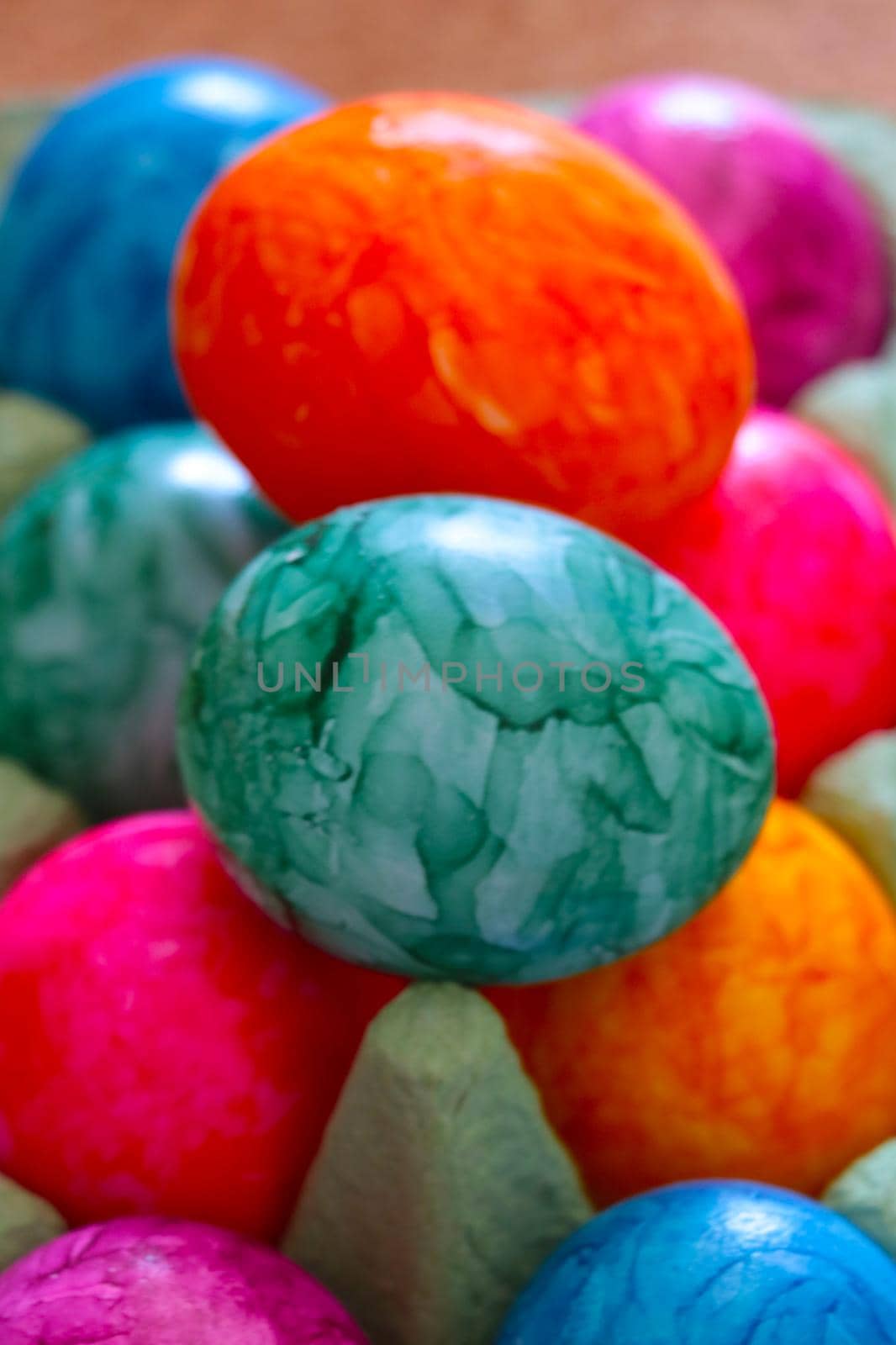 Out of focus, blurry background, beautiful bright Easter eggs. by kip02kas