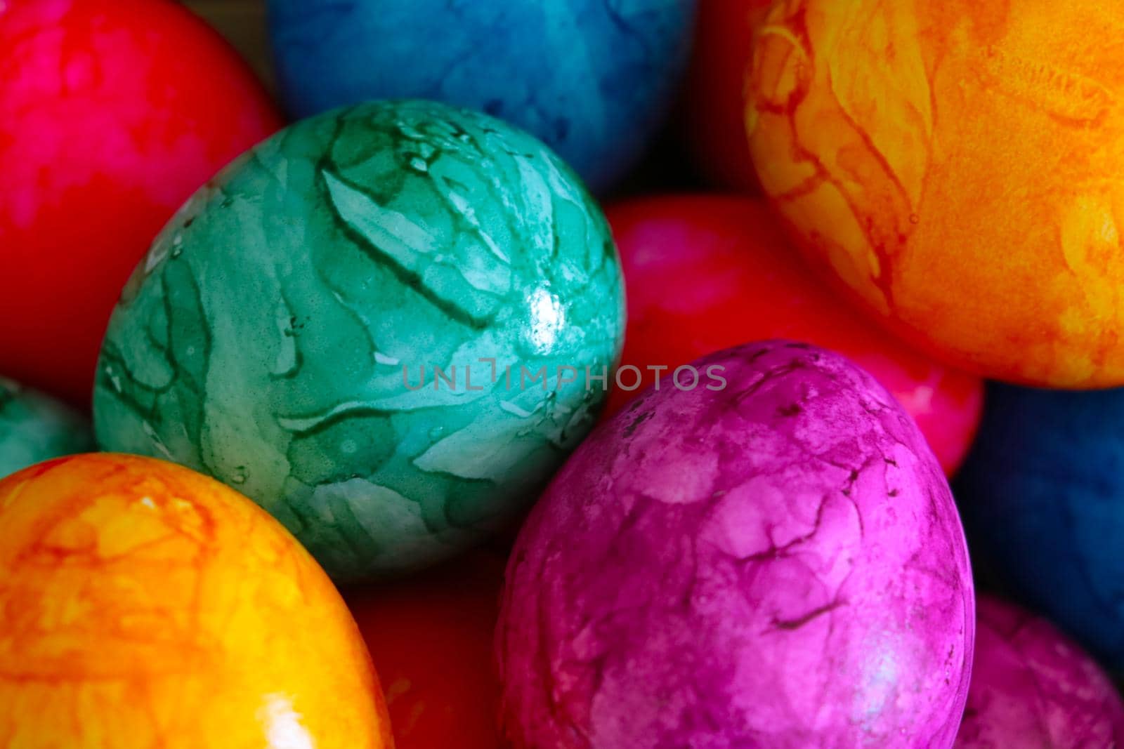 Top view of the colorful beautiful Easter eggs