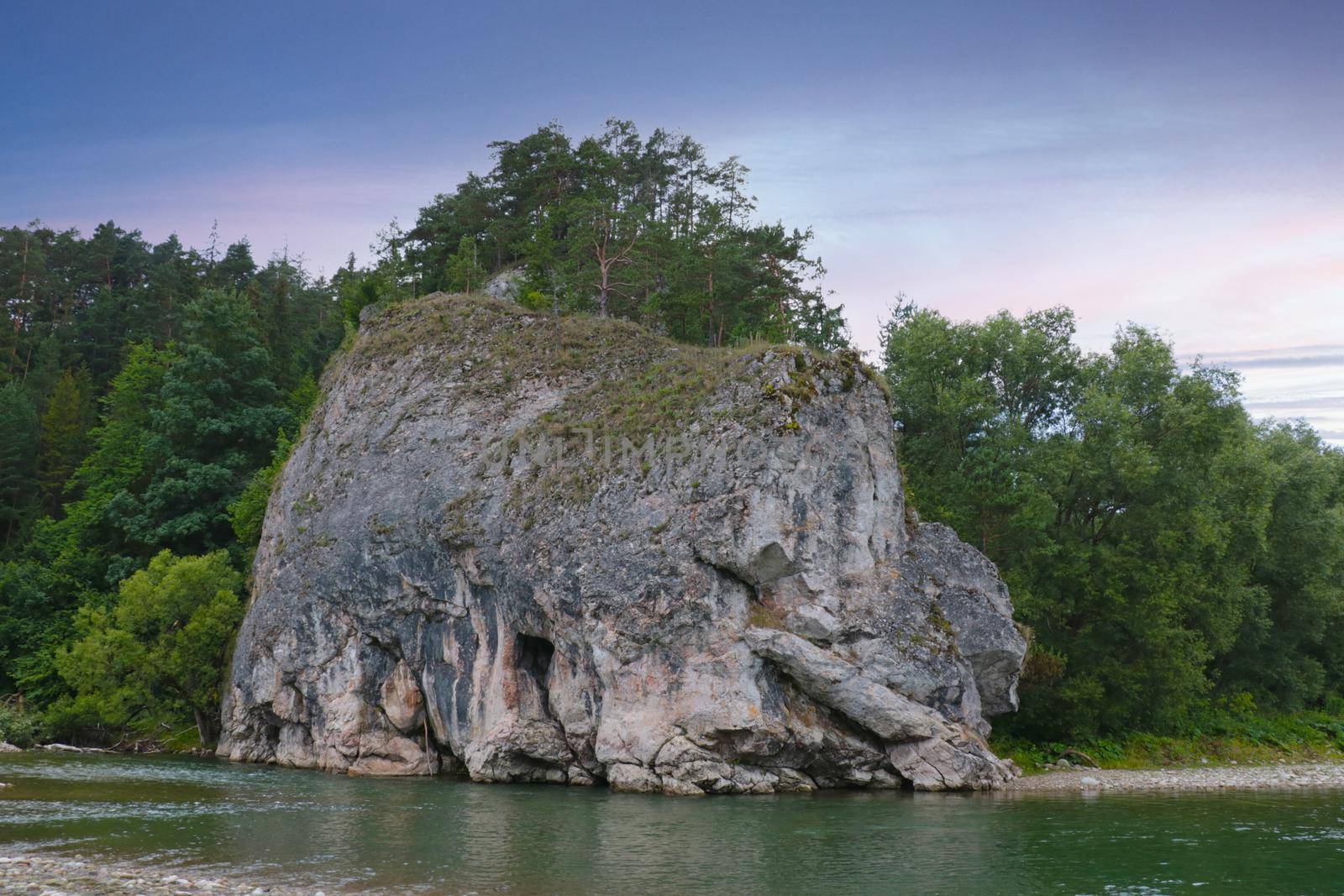 Close-up of the river and the stone rock with trees