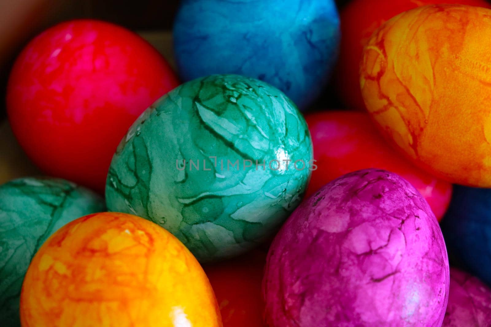 Close-up of colored eggs, preparations for Easter