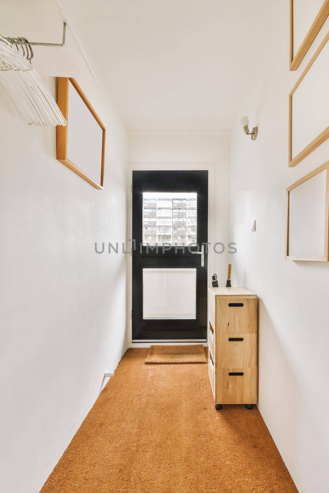 Corridor of contemporary apartment with black door and closet