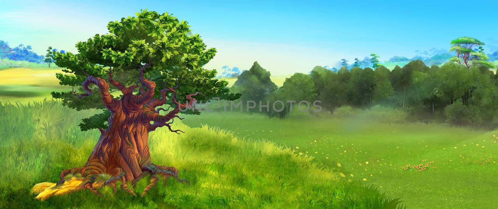 Huge oak tree in a forest clearing on a summer day. Digital Painting Background, Illustration.