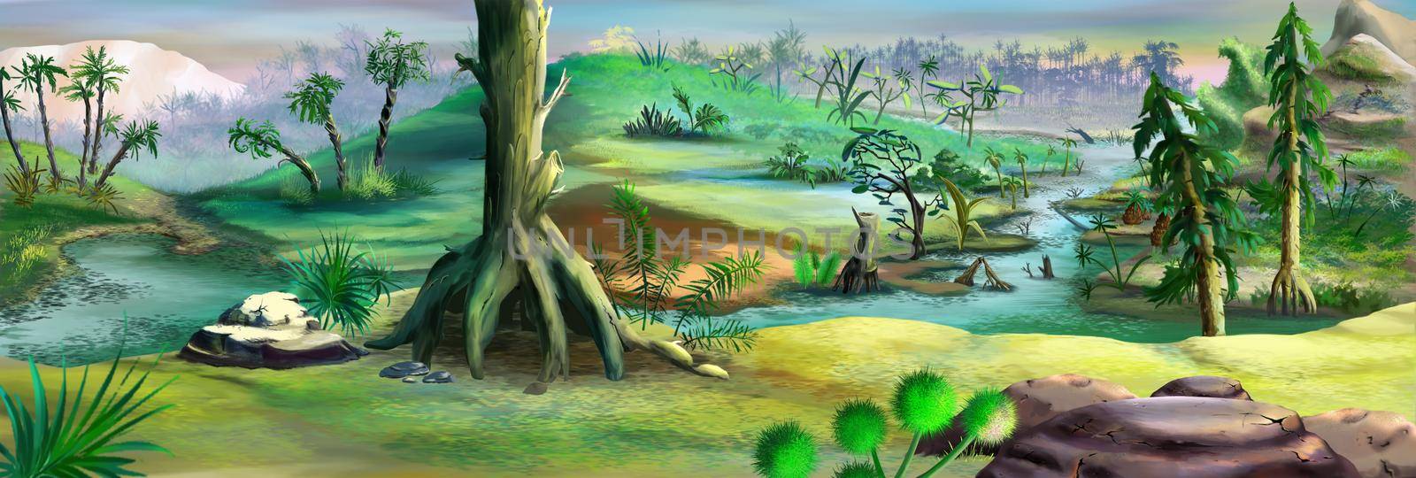 Primeval forest in the Mesozoic era. Digital Painting Background, Illustration.