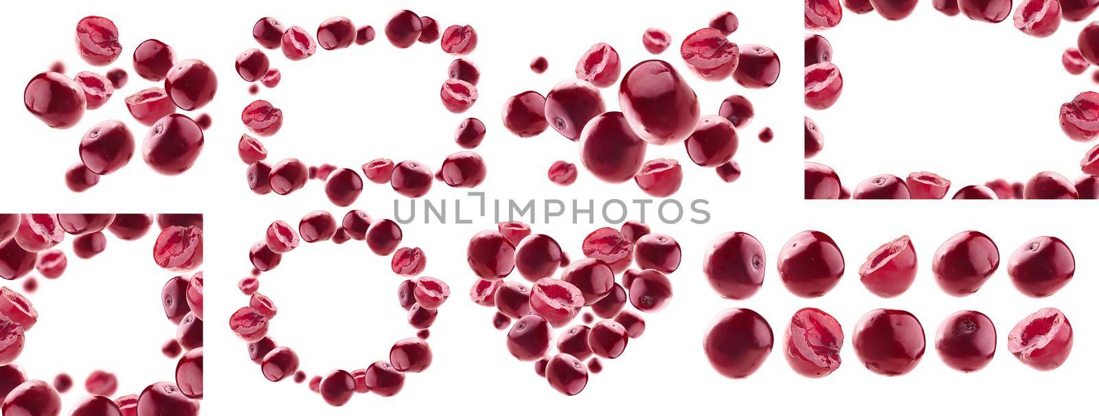 A set of photos. Red cherry berries levitate on a white background.