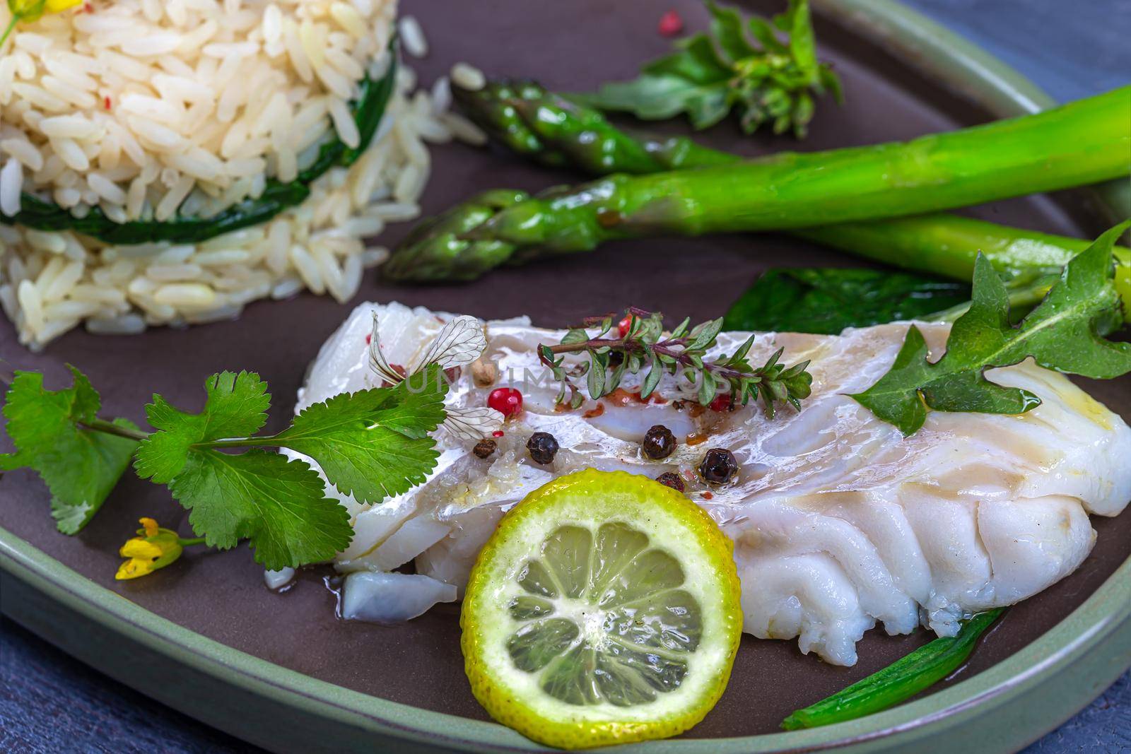 Cod, asparagus,rice steaming diet meal minimalist photo, by JPC-PROD