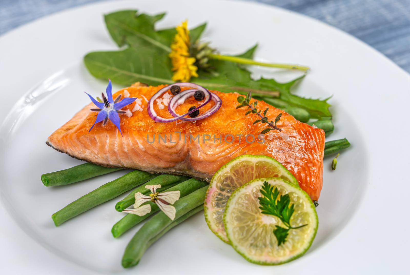 Plate of salmon, green bean on standby wooden board minimalist photo, by JPC-PROD