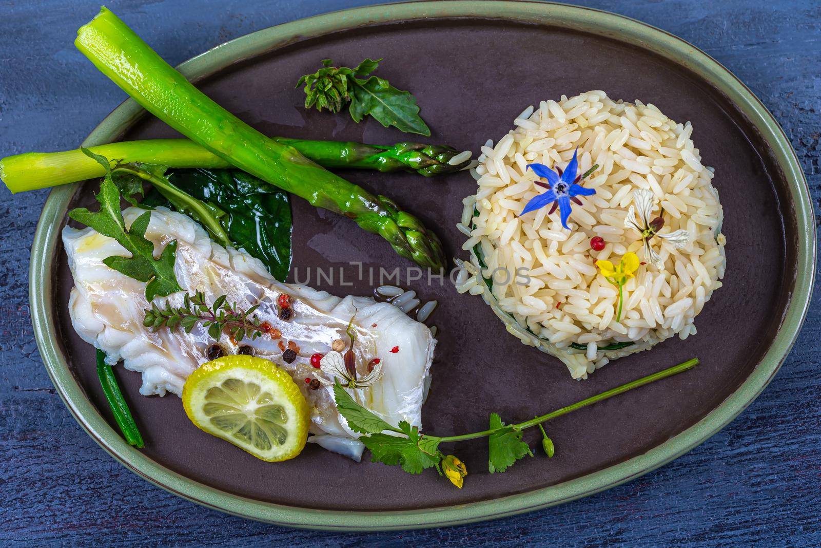 Cod, asparagus,rice steaming diet meal minimalist photo, by JPC-PROD