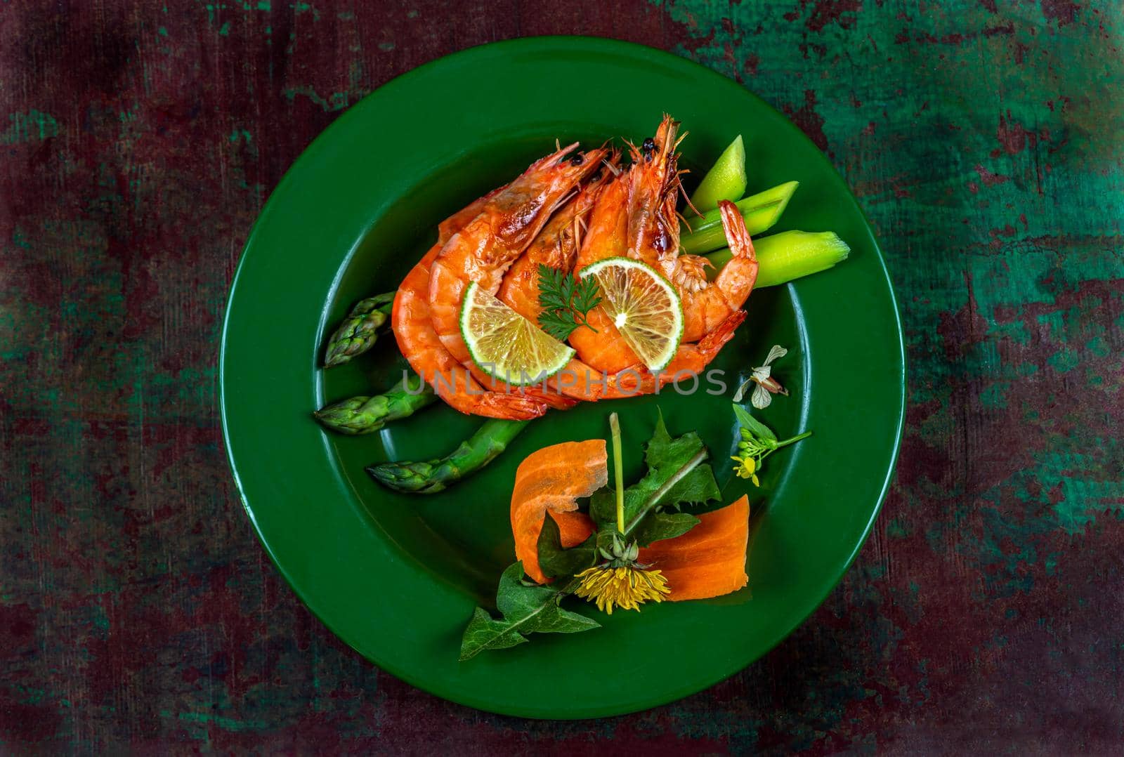 Shrimp with asparagus seen from above minimalist image by JPC-PROD