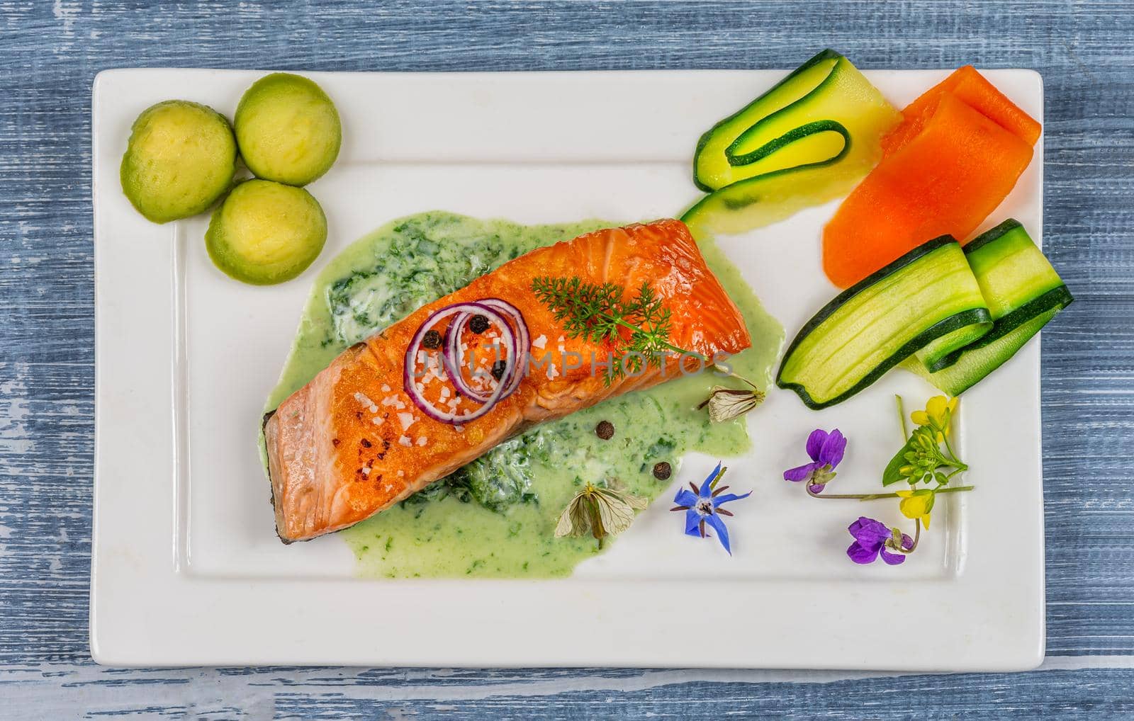 Steamed salmon and vegetables. with sorrel sauce minimalist photo by JPC-PROD