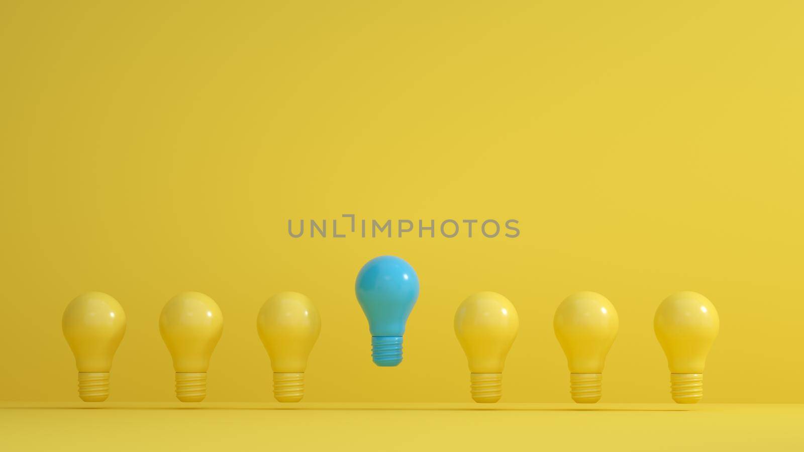 Blue Bulbs among yellow bulbs on yellow background. Leadership, innovation, great idea and individuality concepts. 3d rendering.