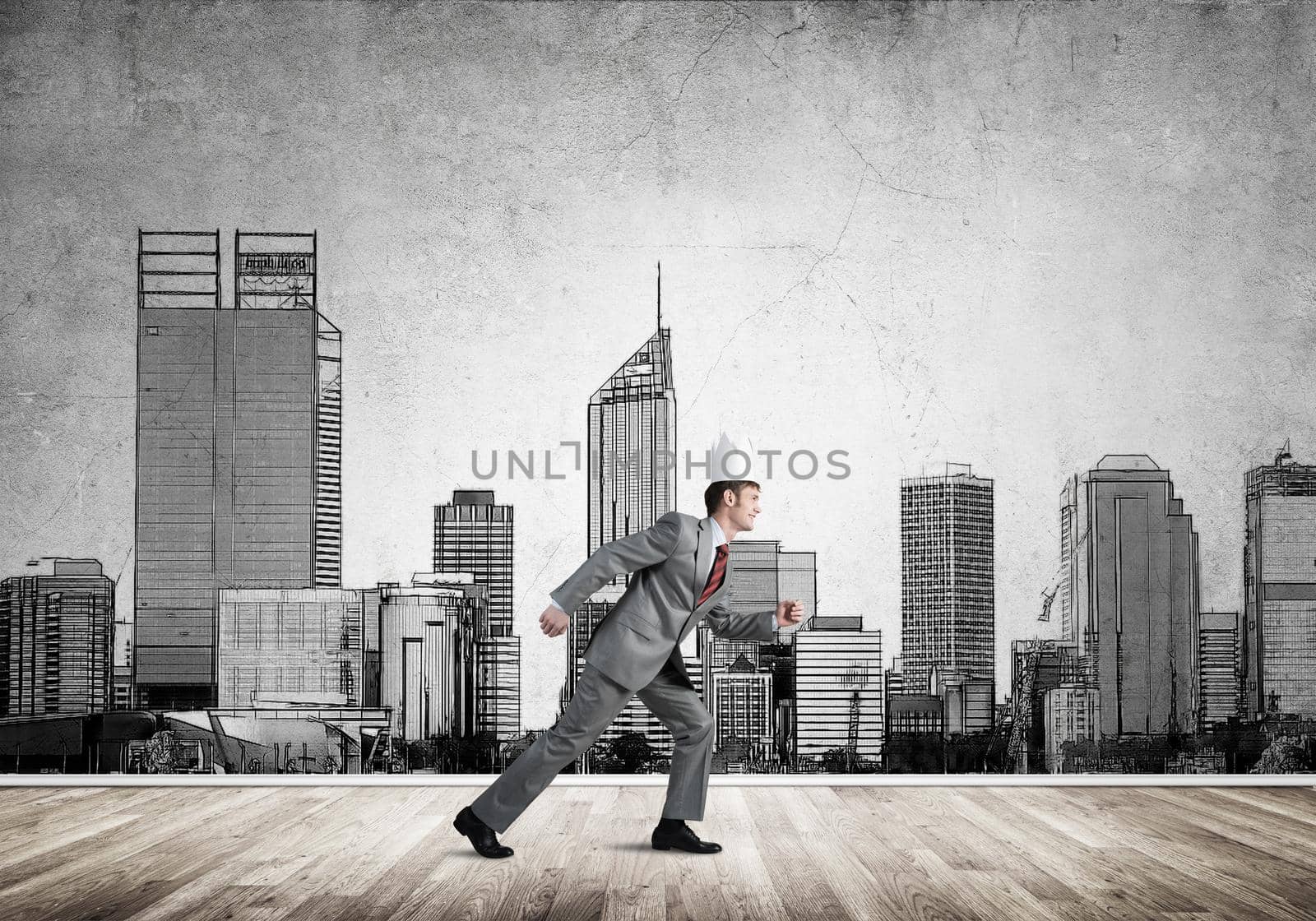 King businessman in elegant suit running and drawn cityscape silhouette at background by adam121