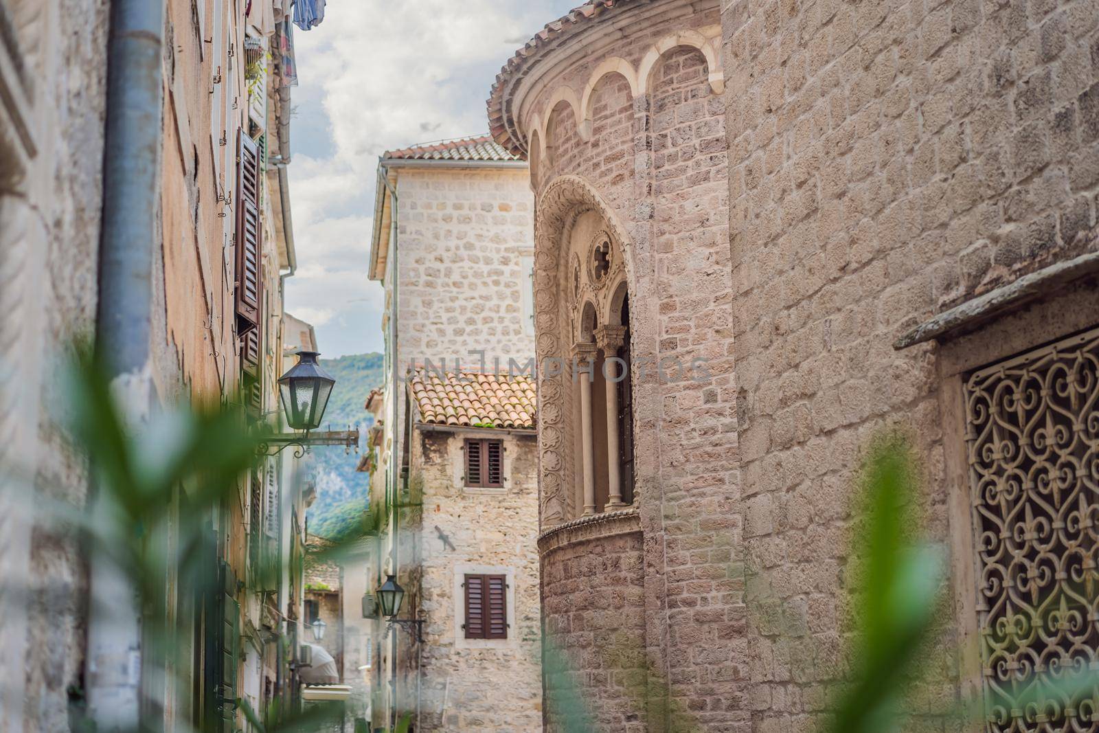 Colorful street in Old town of Kotor on a sunny day, Montenegro.