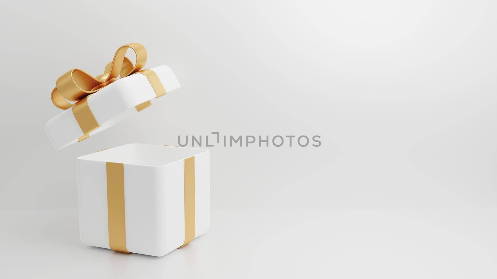 Open luxury white gift box with gold ribbon 3D render by Myimagine