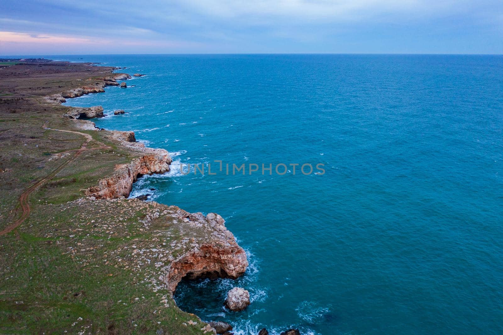 Amazing aerial view from a drone at the rocky coastline,  Bulgaria.