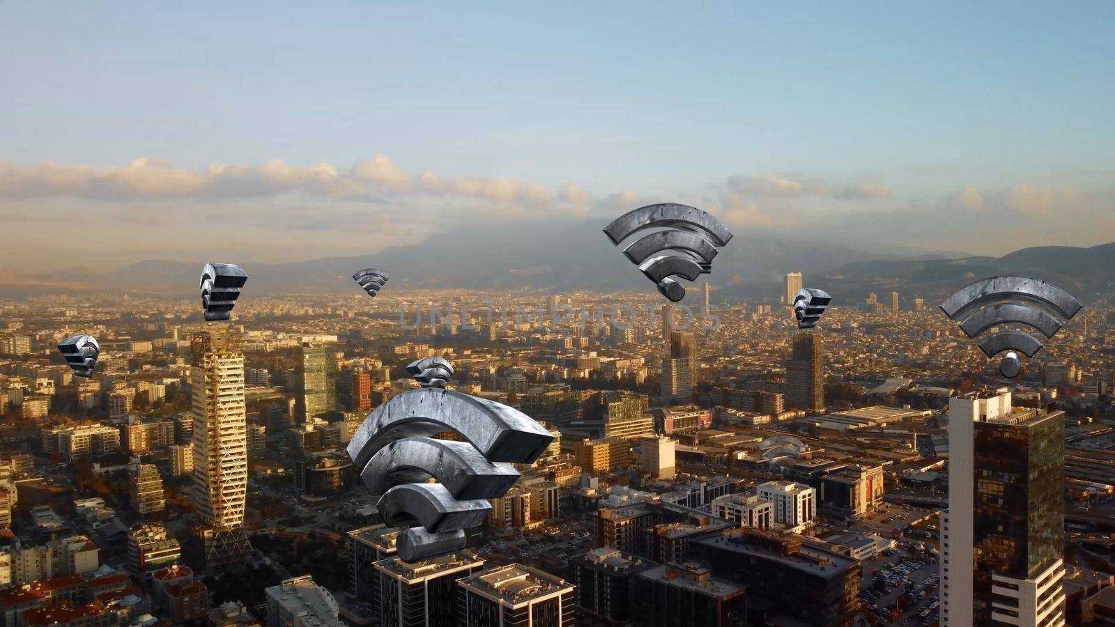 Aerial city connected through 5G. Wireless network, mobile technology concept, data communication, cloud computing, artificial intelligence, internet of things. izmir City skyline. Futuristic city. High quality photo