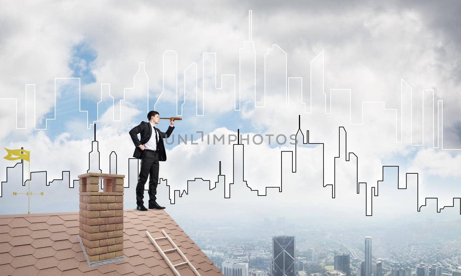 Young businessman in suit on roof edge. Mixed media