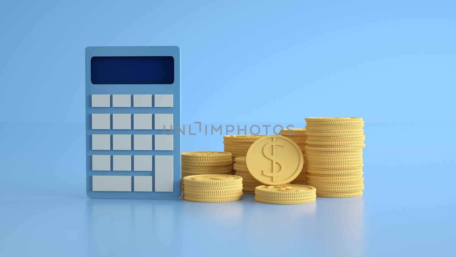 Money management, financial planning, calculating financial risk, calculator with coins stack on blue background by crazymotions