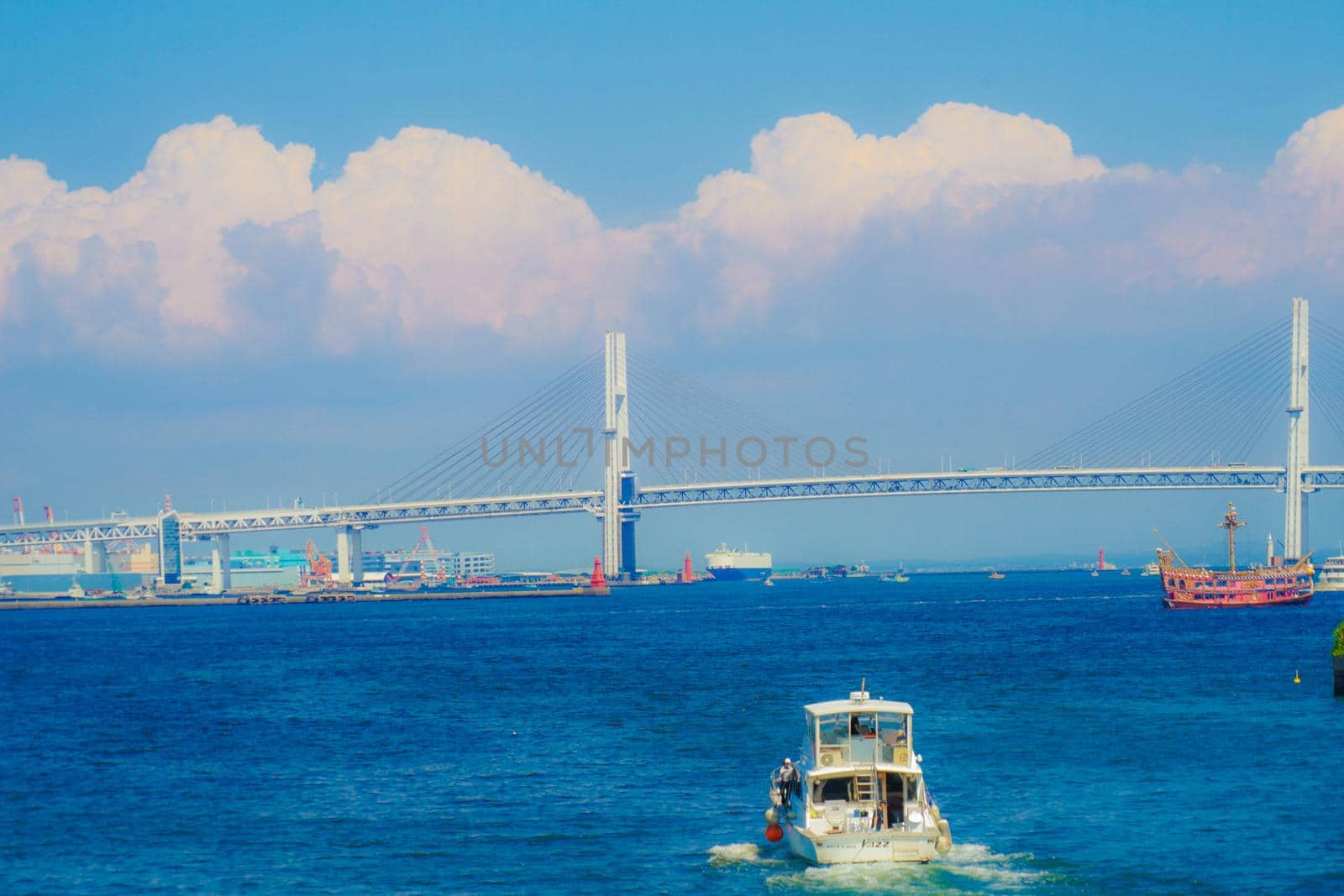 Yokohama Baybridge and Vessels and Sky. Shooting Location: Yokohama-city kanagawa prefecture