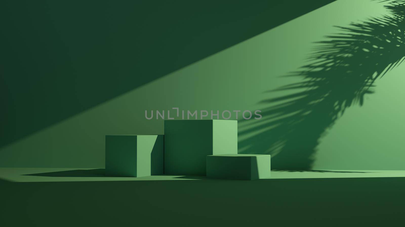 Modern cube pedestal podium Minimal abstract cosmetic background for product presentation. Sunshade shadow on wall. 3d render illustration.