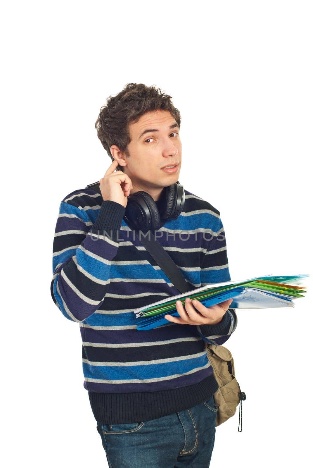 Student male  holding notebooks and listening you isolated on white background