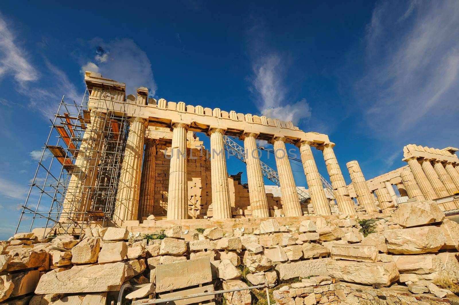 Parthenon temple on a bright day. Acropolis in Athens, Greece..