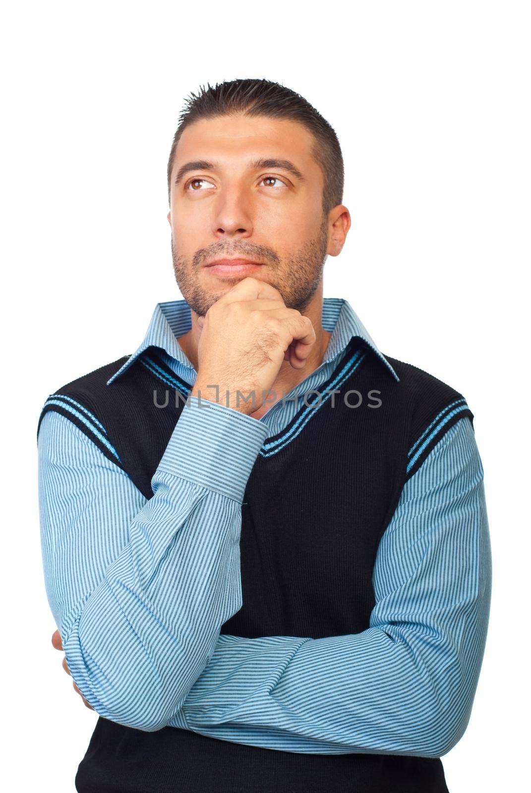 Portrait of pensive executive man looking up and holding hand to chin isolated on white background