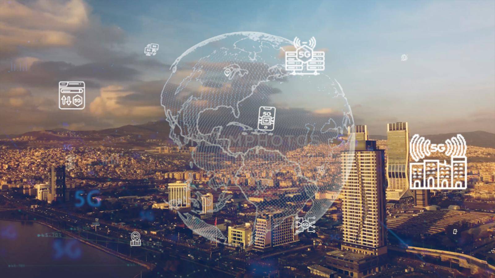 Aerial view of izmir Skyline with connections. Technology-Futuristic. High tech view of the financial district connected through a network. Internet of Things. Artificial intelligence. by senkaya