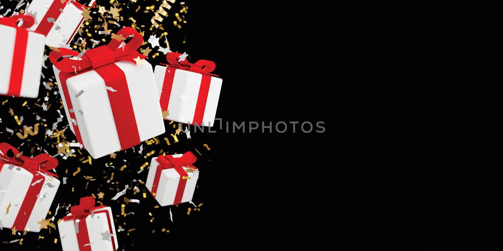 White gift box and red ribbon with foil confetti falling on black background 3D render by Myimagine