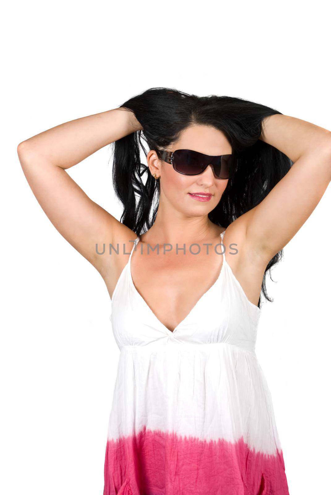 Beauty woman  holding up her long black hair and wearing sunglasses and summer dress isolated on white background