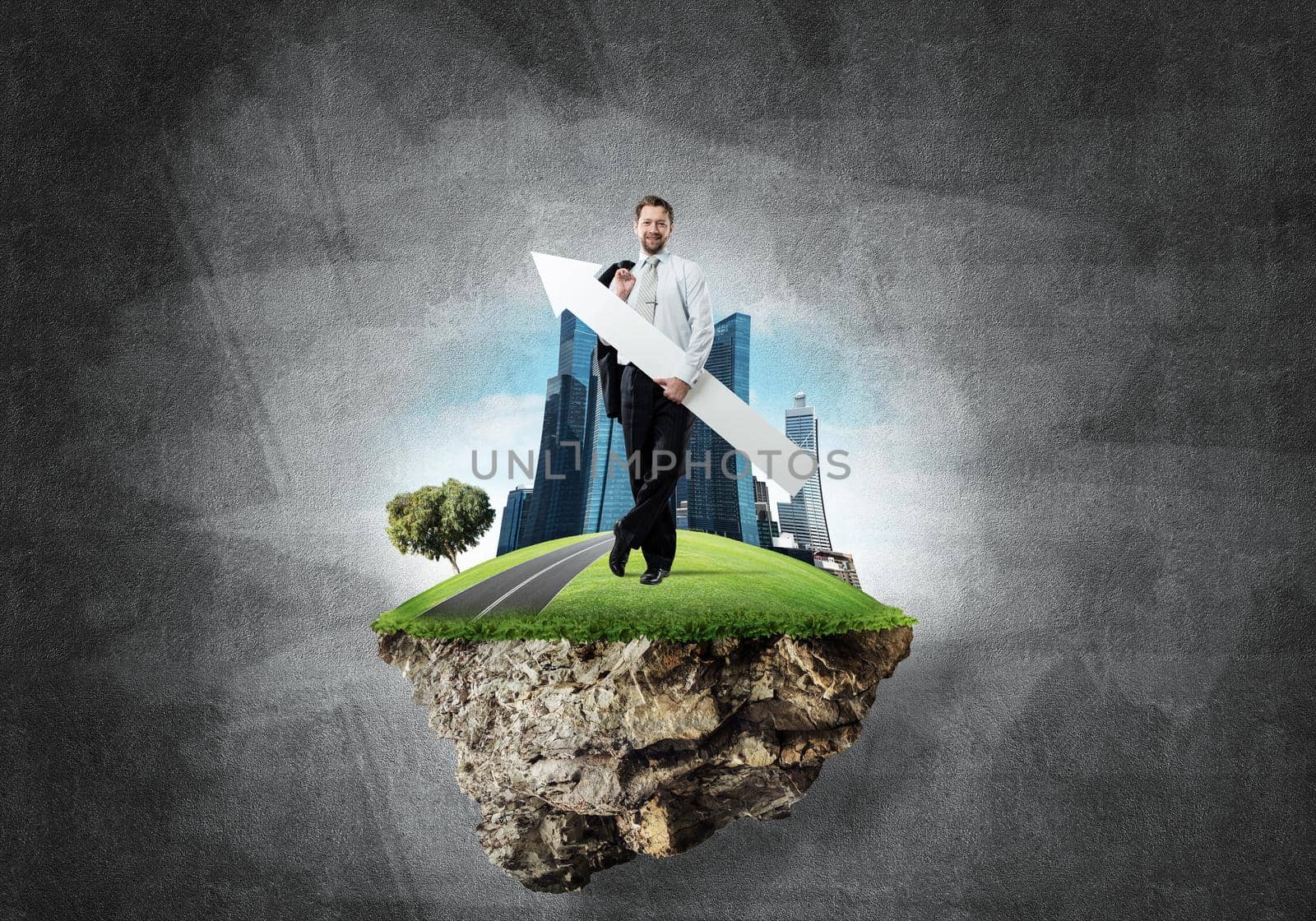 Confident young businessman in suit standing on flying island with huge white banner