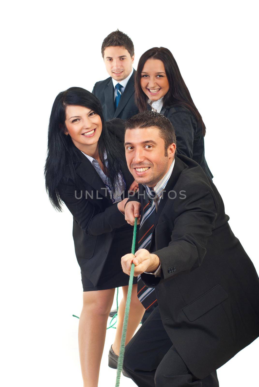 Happy team pulling rope and having fun isolated on white background